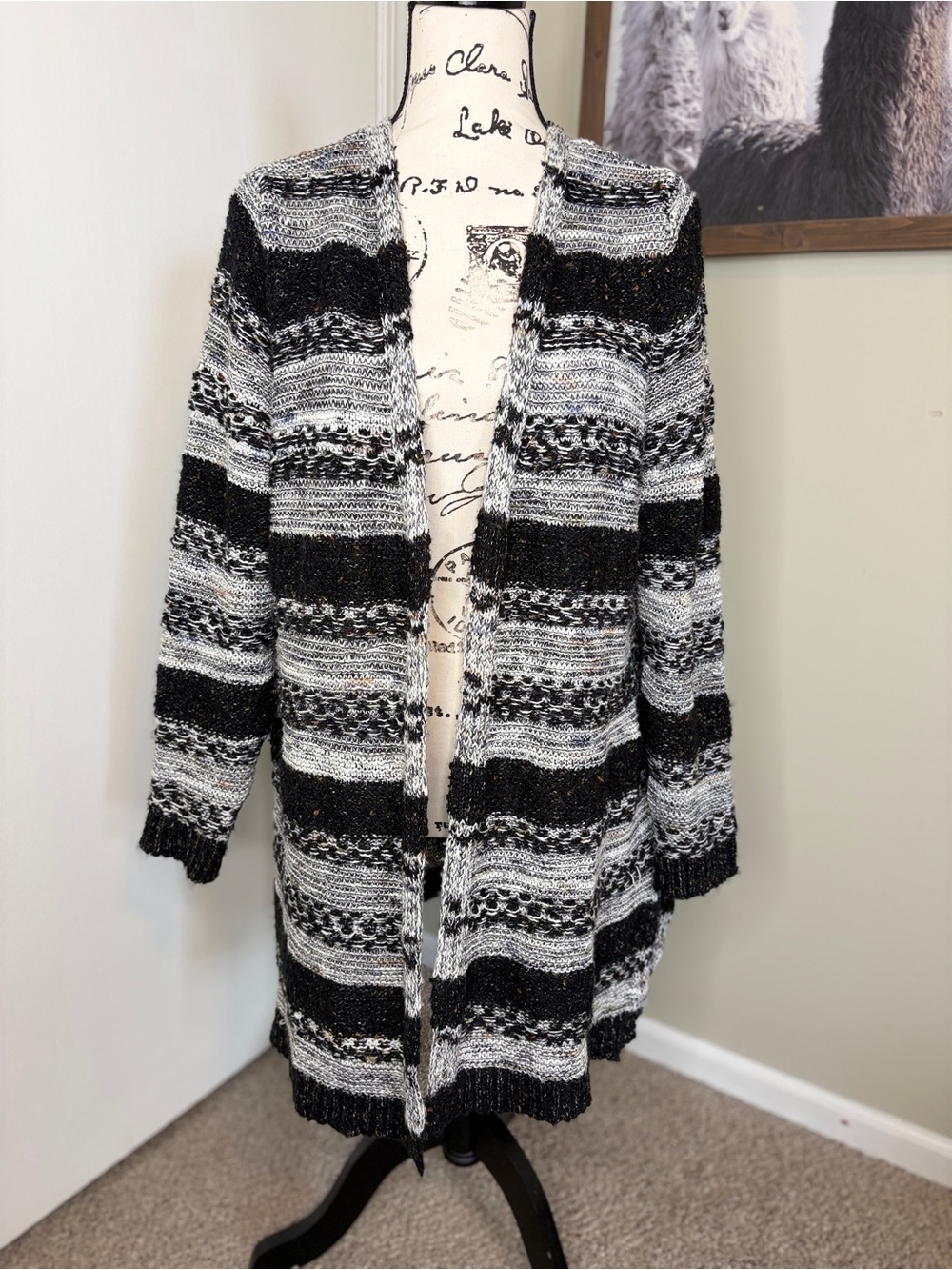 Lee Black and White Open-Front Striped Knit Cardigan